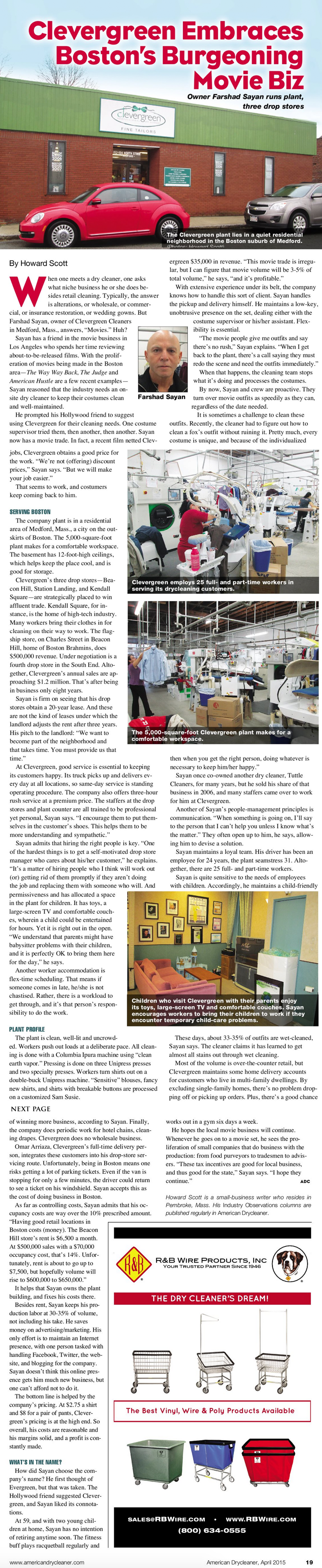 American Dry Cleaner Article about Boston locally owned Dry Cleaner Clevergreen Cleaners